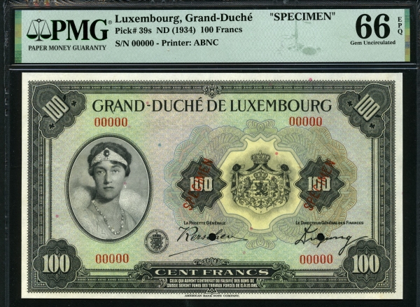 룩셈부르크 Luxembourg 1934 100 Francs P39s Specimen PMG 66 EPQ 완전미사용