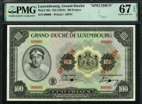 룩셈부르크 Luxembourg 1934 100 Francs P39s Specimen PMG 67 EPQ 완전미사용 최고등급