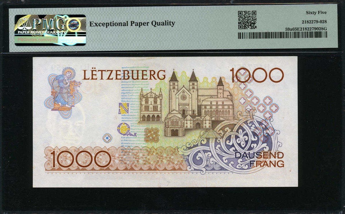 룩셈부르크 Luxembourg 1985 1000 Francs P59a PMG 65 EPQ 완전미사용