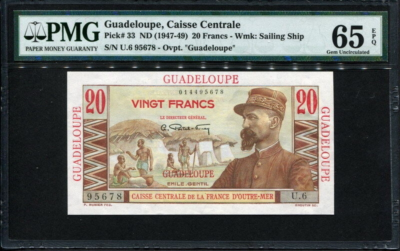 과들루프 Guadeloupe 1947-1949, 20 Francs, P33, PMG 65 EPQ 완전미사용