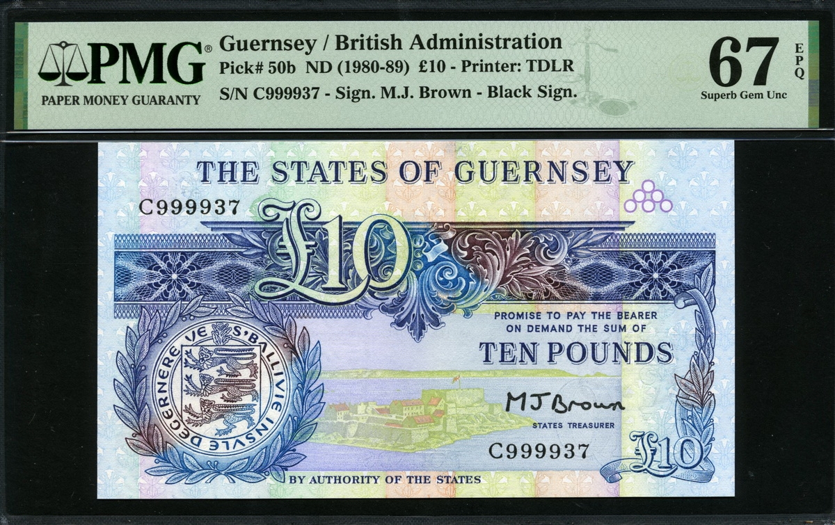건지 Guernsey 1980-1989 10 Pounds P50b 999937번 PMG 67 EPQ 완전미사용