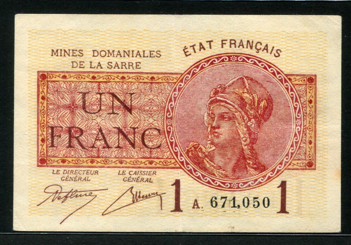 자르 Saar 1919 1 Franc, P2 VF+