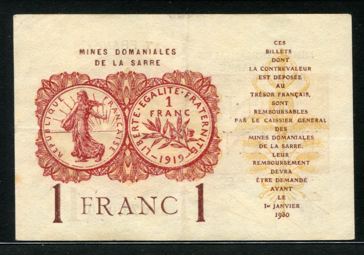자르 Saar 1919 1 Franc, P2 VF+