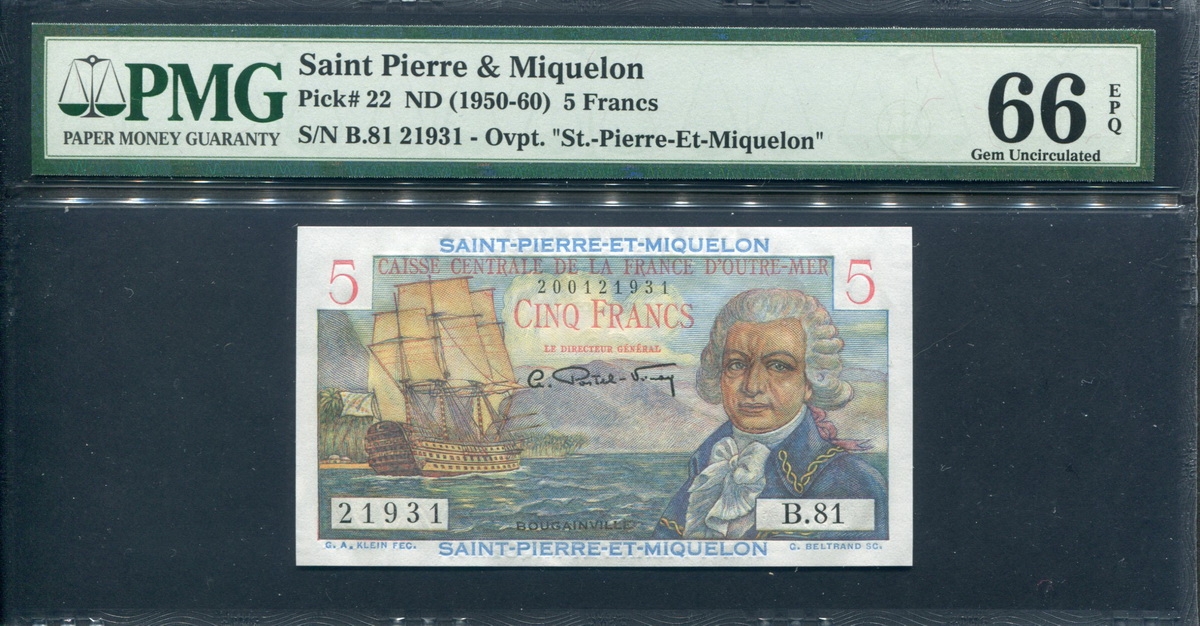 생피에르 미클롱 Saint Pierre & Miquelon 1950-1960 5 Francs P22 PMG 66 EPQ 완전미사용