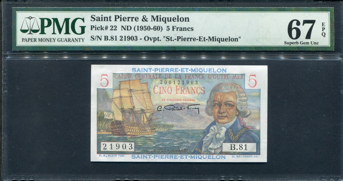 생피에르 미클롱 Saint Pierre & Miquelon 1950-1960 5 Francs P22 PMG 67 완전미사용