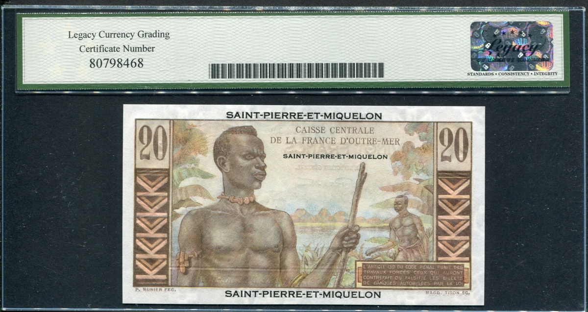 생피에르 미클롱 Saint Pierre & Miquelon 1950-1960 20 Francs P24 Legacy 65 PPQ 완전미사용