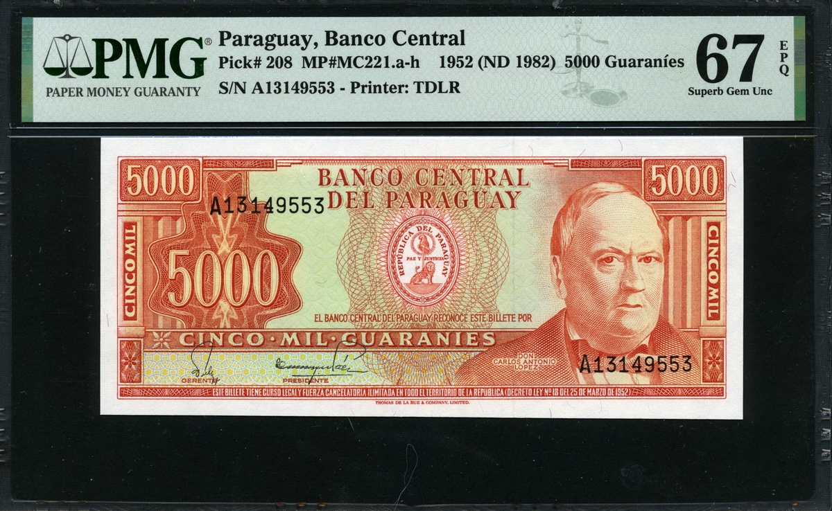 파라과이 Paraguay 1952 (1982) 5000 Guaranies P208 PMG 67 EPQ 완전미사용