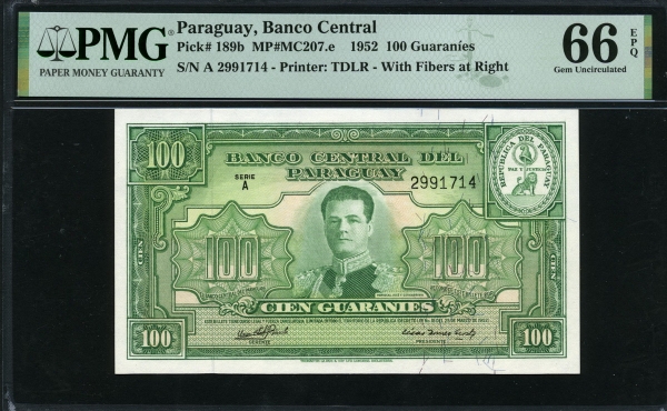 파라과이 Paraguay 1952 100 Guaranies P189b PMG 66 EPQ 완전미사용