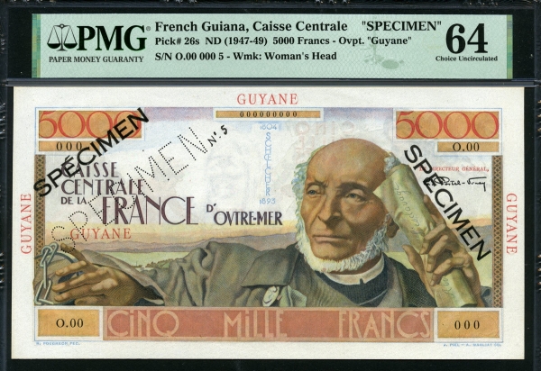 프랑스령 기아나 French Guiana 1947-1949, 5000 Francs,P26s,Specimen,PMG 64 미사용