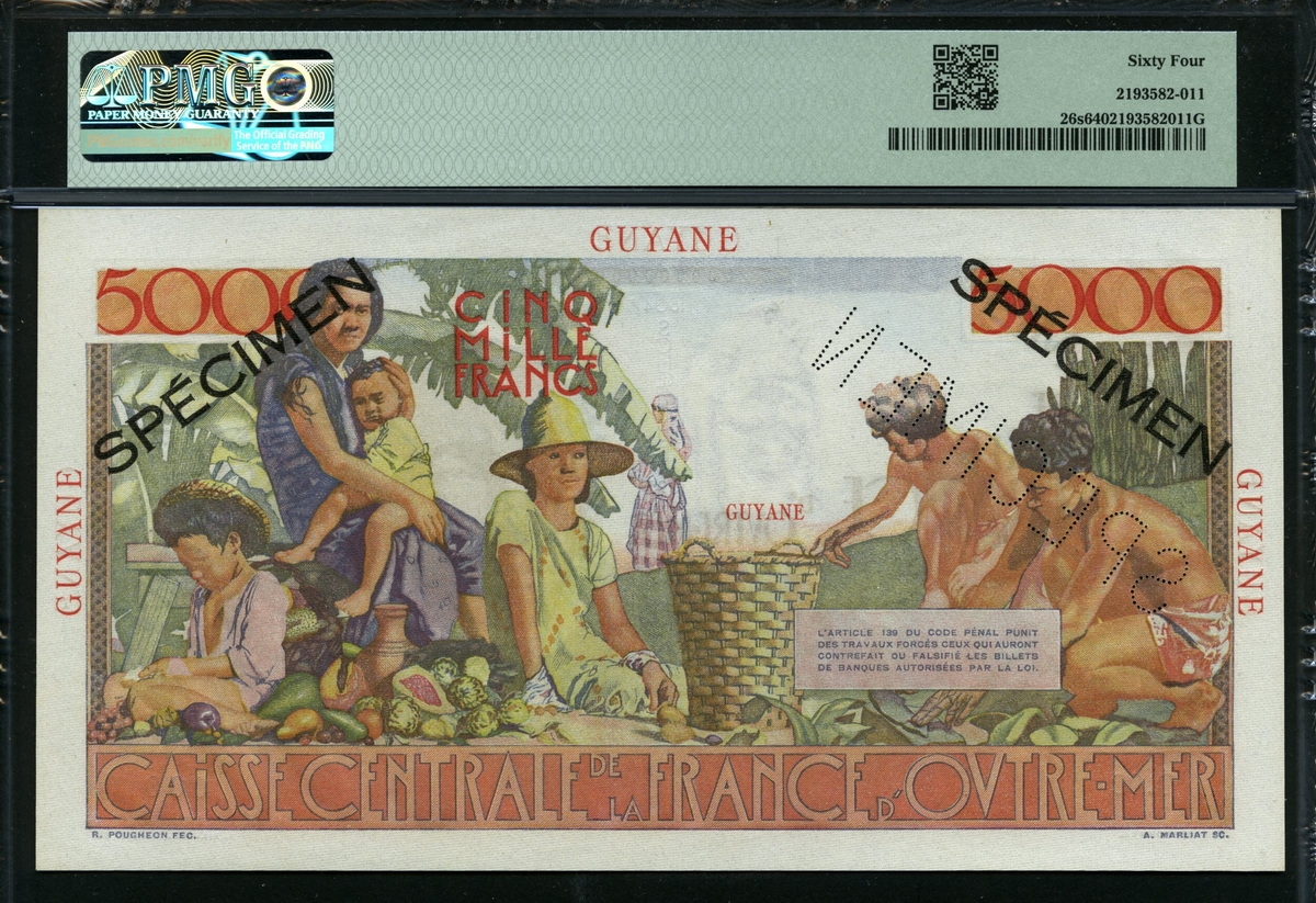프랑스령 기아나 French Guiana 1947-1949, 5000 Francs,P26s,Specimen,PMG 64 미사용