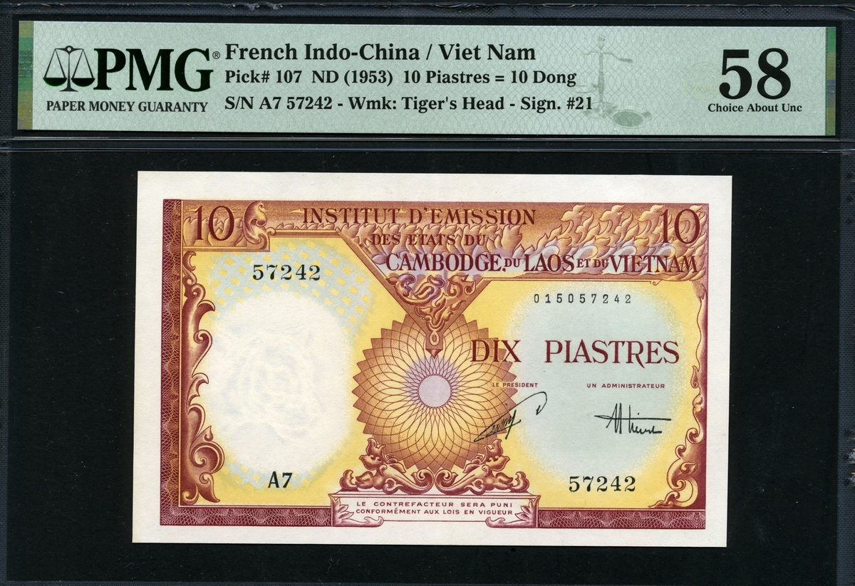 인도차이나 French Indo-China 1953 10 Piastres (10 Dong) P107 PMG 58 준미사용