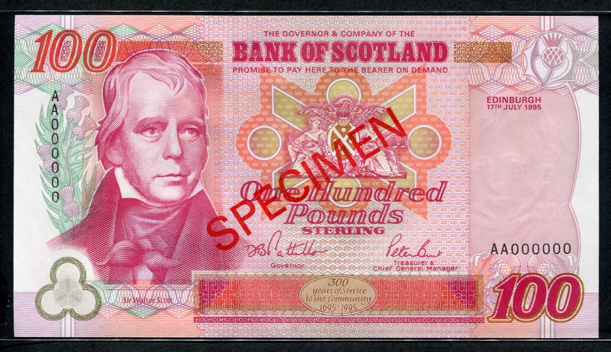 스코틀랜드 Scotland 1995 100 Pounds,Specimen,P123as, 미사용