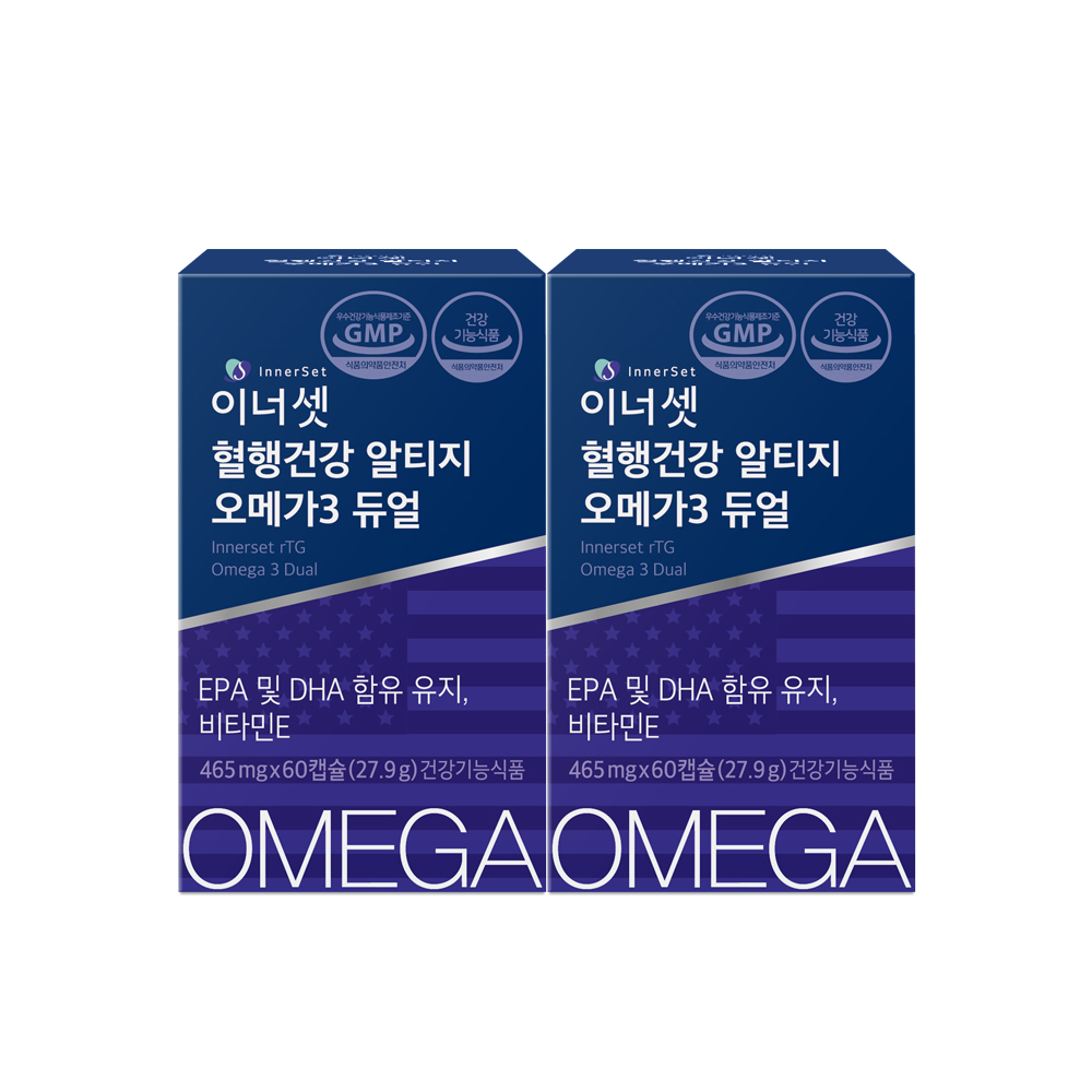 이너셋 혈행건강 알티지 오메가3 듀얼 465mg 60캡슐 x 2박스 (2개월분) / 식물성 캡슐 비타민E 알래스카산 rTG