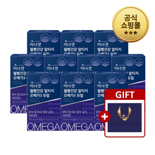 [대용량] 이너셋 혈행건강 알티지 오메가3 듀얼 465mg 60캡슐 x 10박스 (10개월분) / 식물성 캡슐 비타민E 알래스카산 rTG