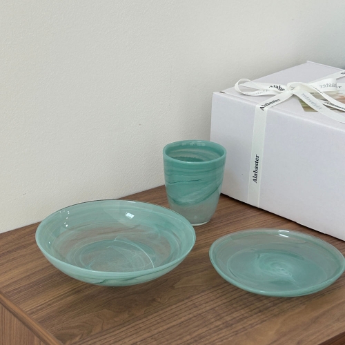 샐러드디쉬20cm+트라이앵글접시+컵300ml 아쿠아마린