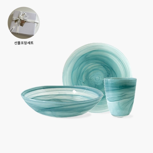 샐러드디쉬20cm+트라이앵글접시+컵300ml 아쿠아마린