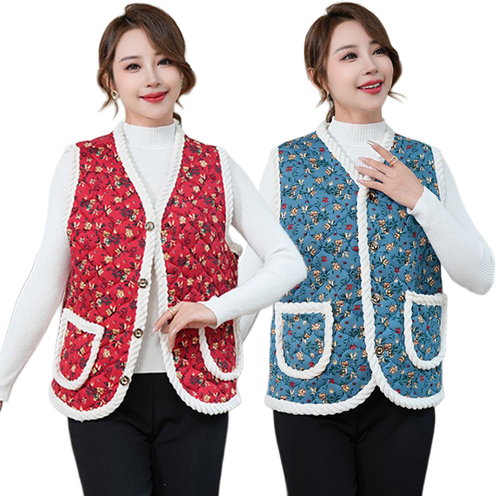 플라워 패턴 기모 조끼 2종세트 융털 할머니 할매 엄마 김장 촌캉스 꽃무늬 겨울 방한 여성