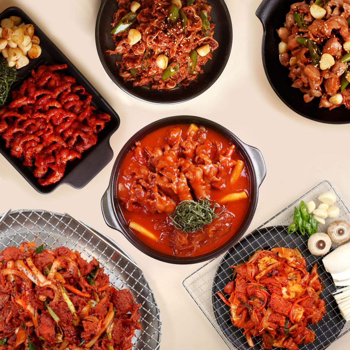 안주류 샘플 세트 ( 숯불닭갈비 1kg + 무뼈닭발 260g + 튤립닭발 370g + 오돌뼈 500g + 닭근위 1kg + 연탄직화 고추장불고기 1kg )