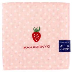 일본 하마몬요 면손수건 골프 양면 핸드타올 거즈 손수건 도트딸기 29x29cm