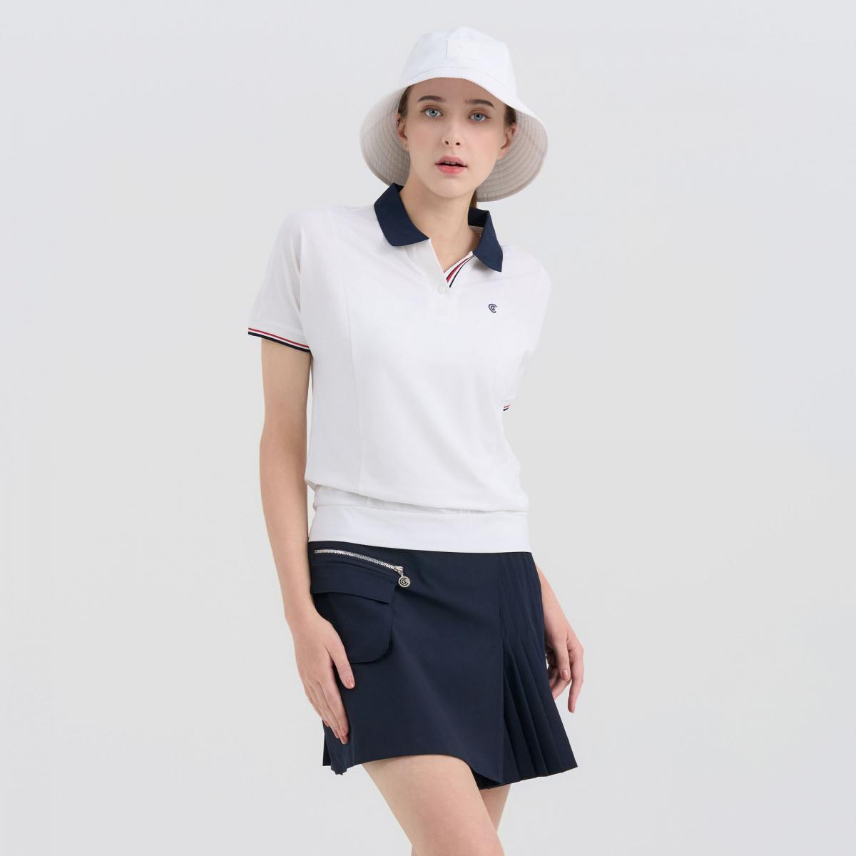 [10%+5% 추가할인] 온라인단독 컬러배색 세미오버핏 여성 블루종 반팔티셔츠 화이트_CGWST42973WH