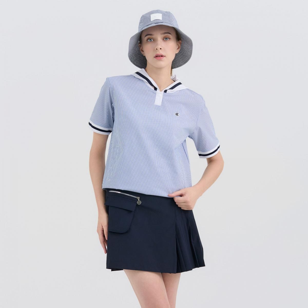 [10%+5% 추가할인] 온라인단독 용출사 배색후디 여성 반팔 우븐탑 블루_CGWWT42967BL