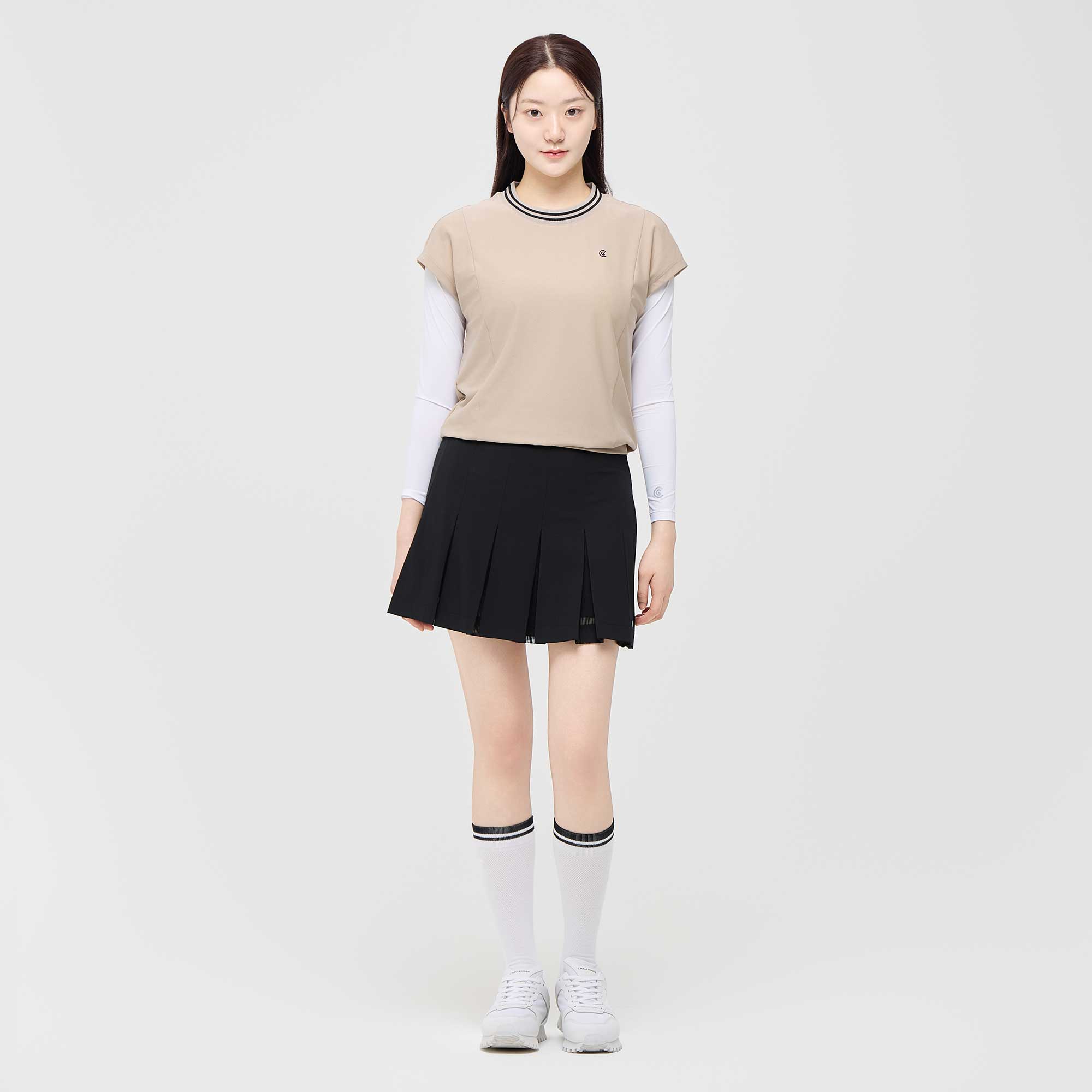 [10%+5% 추가할인] 온라인단독 폴리스판 배색라운드 여성 민소매 티셔츠 베이지_CGWST42975BE