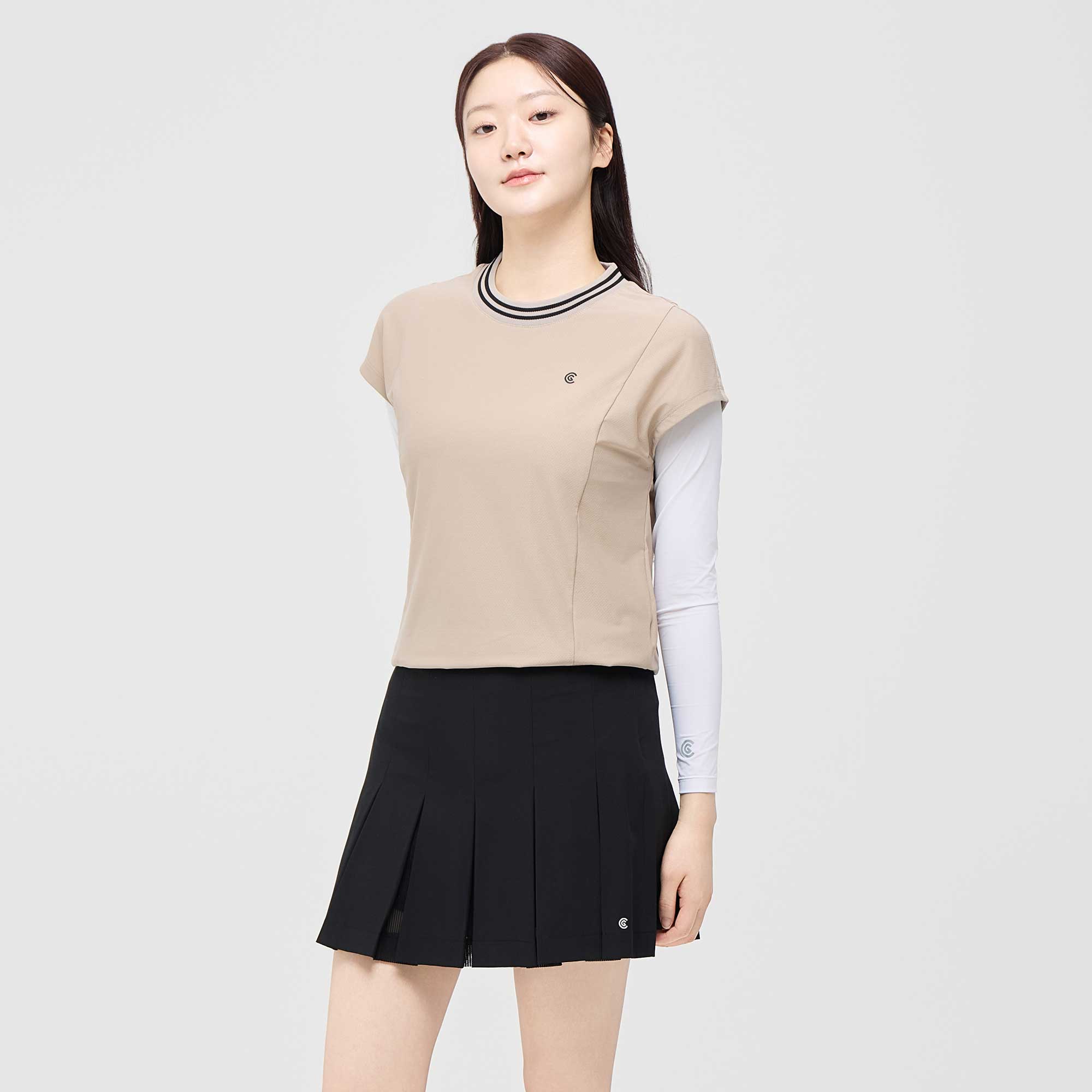 [10%+5% 추가할인] 온라인단독 폴리스판 배색라운드 여성 민소매 티셔츠 베이지_CGWST42975BE