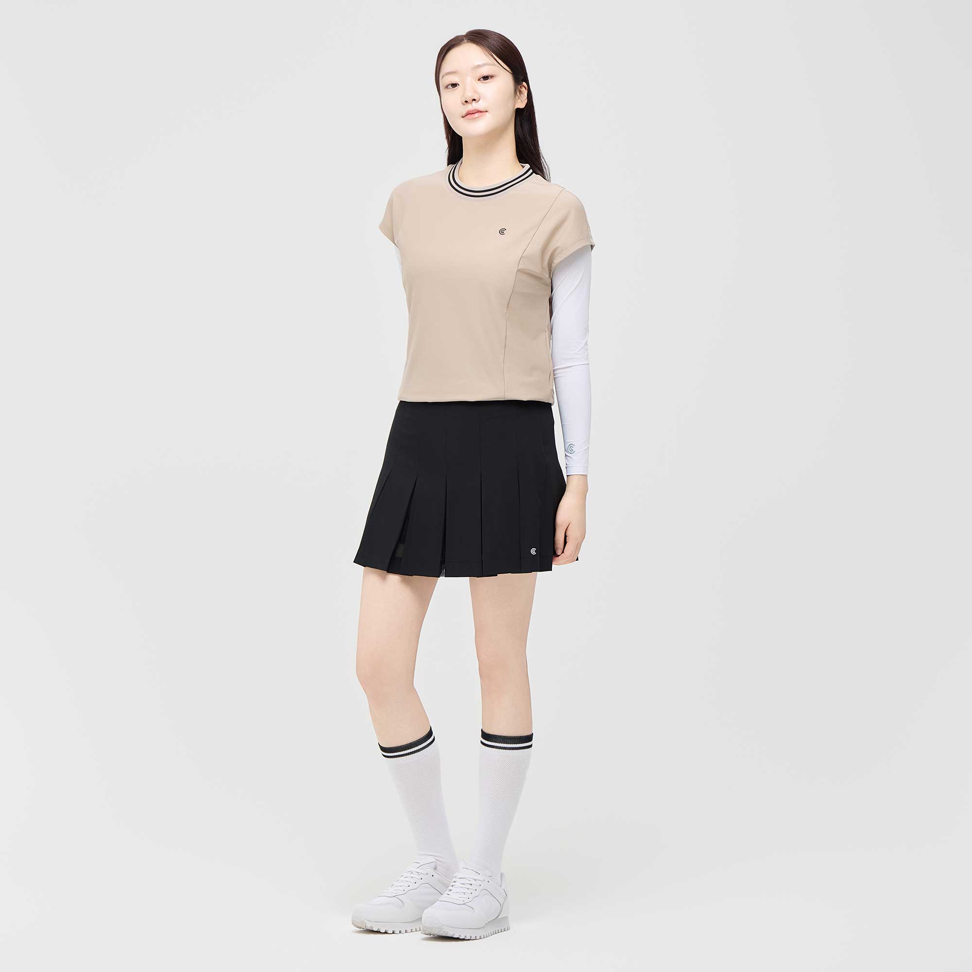 [10%+5% 추가할인] 온라인단독 폴리스판 배색라운드 여성 민소매 티셔츠 베이지_CGWST42975BE