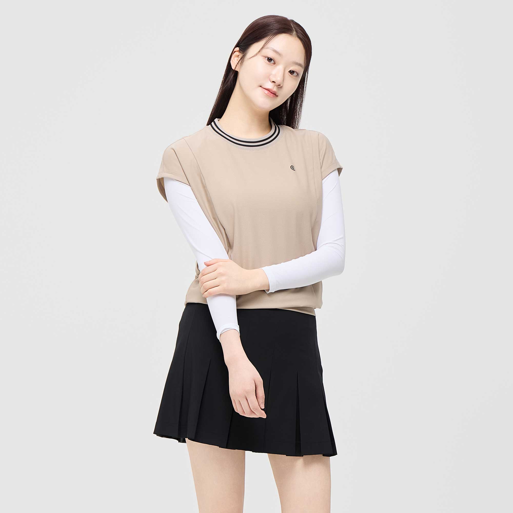 [10%+5% 추가할인] 온라인단독 폴리스판 배색라운드 여성 민소매 티셔츠 베이지_CGWST42975BE