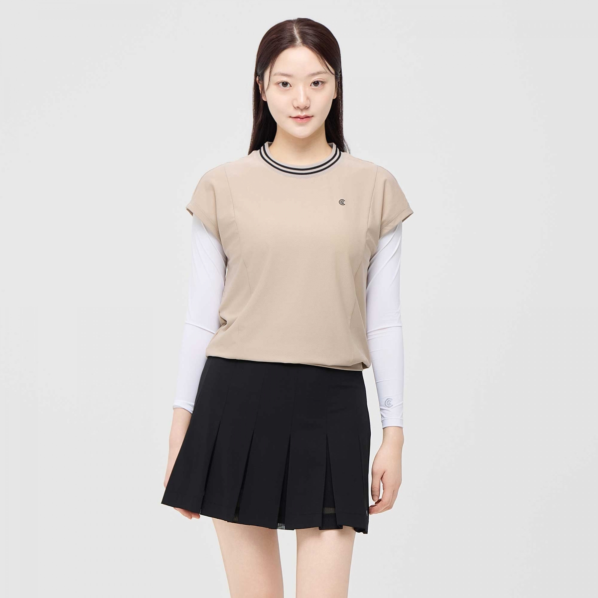 [10%+5% 추가할인] 온라인단독 폴리스판 배색라운드 여성 민소매 티셔츠 베이지_CGWST42975BE