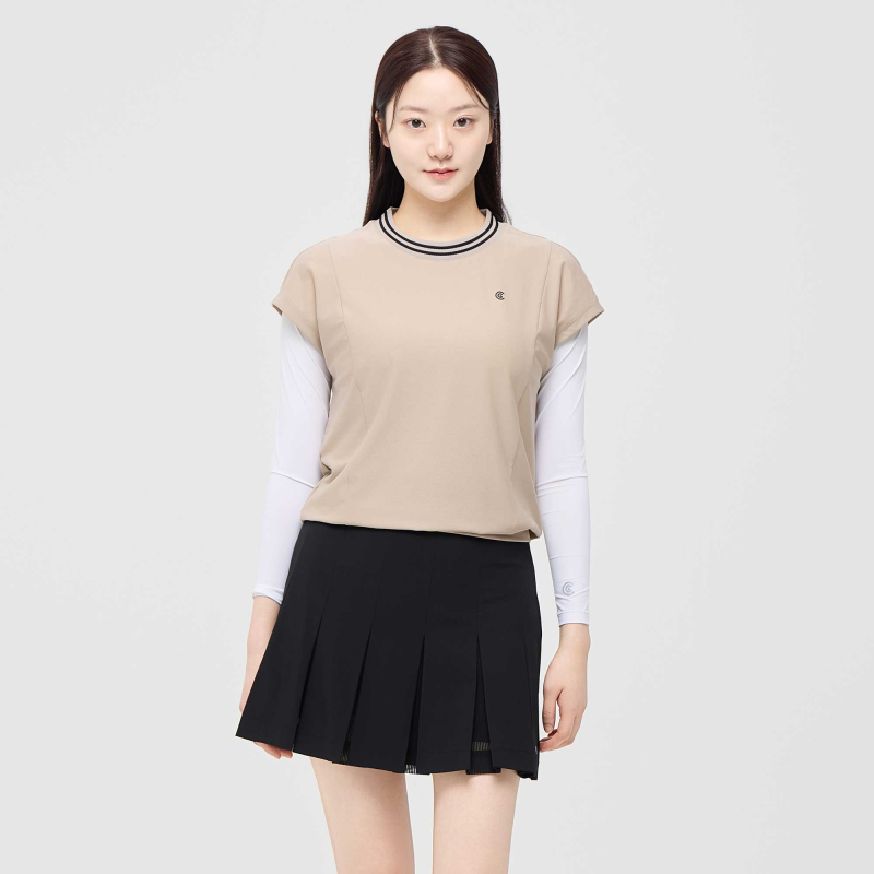 [10%+5% 추가할인] 온라인단독 폴리스판 배색라운드 여성 민소매 티셔츠 베이지_CGWST42975BE