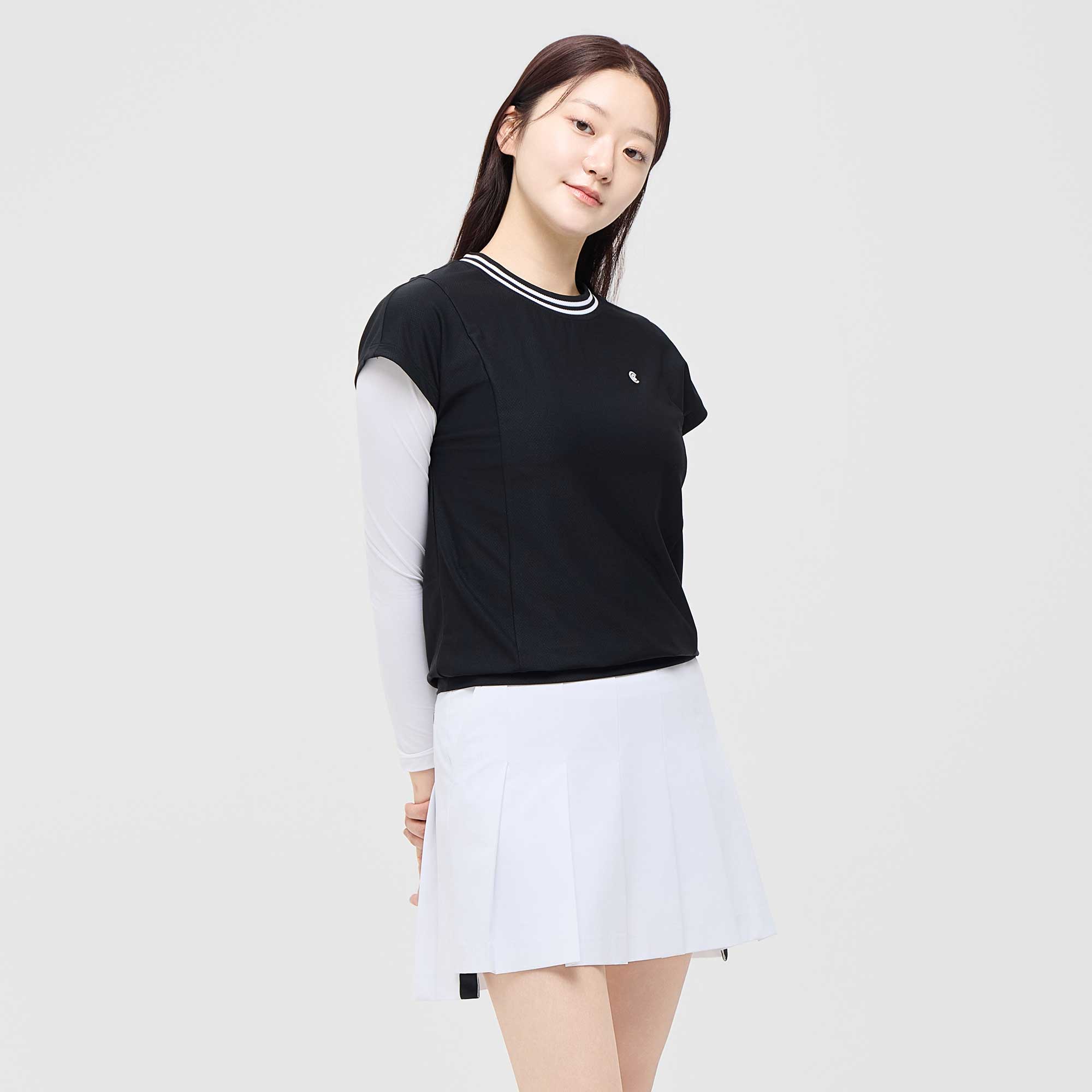 [10%+5% 추가할인] 온라인단독 폴리스판 배색라운드 여성 민소매 티셔츠 블랙_CGWST42975BK