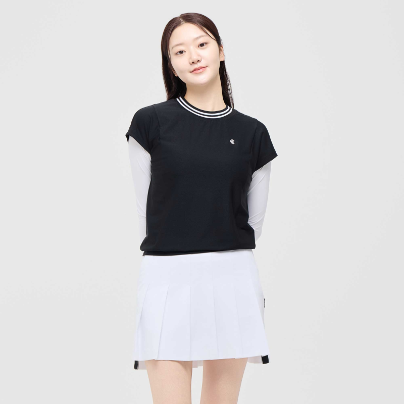 [10%+5% 추가할인] 온라인단독 폴리스판 배색라운드 여성 민소매 티셔츠 블랙_CGWST42975BK