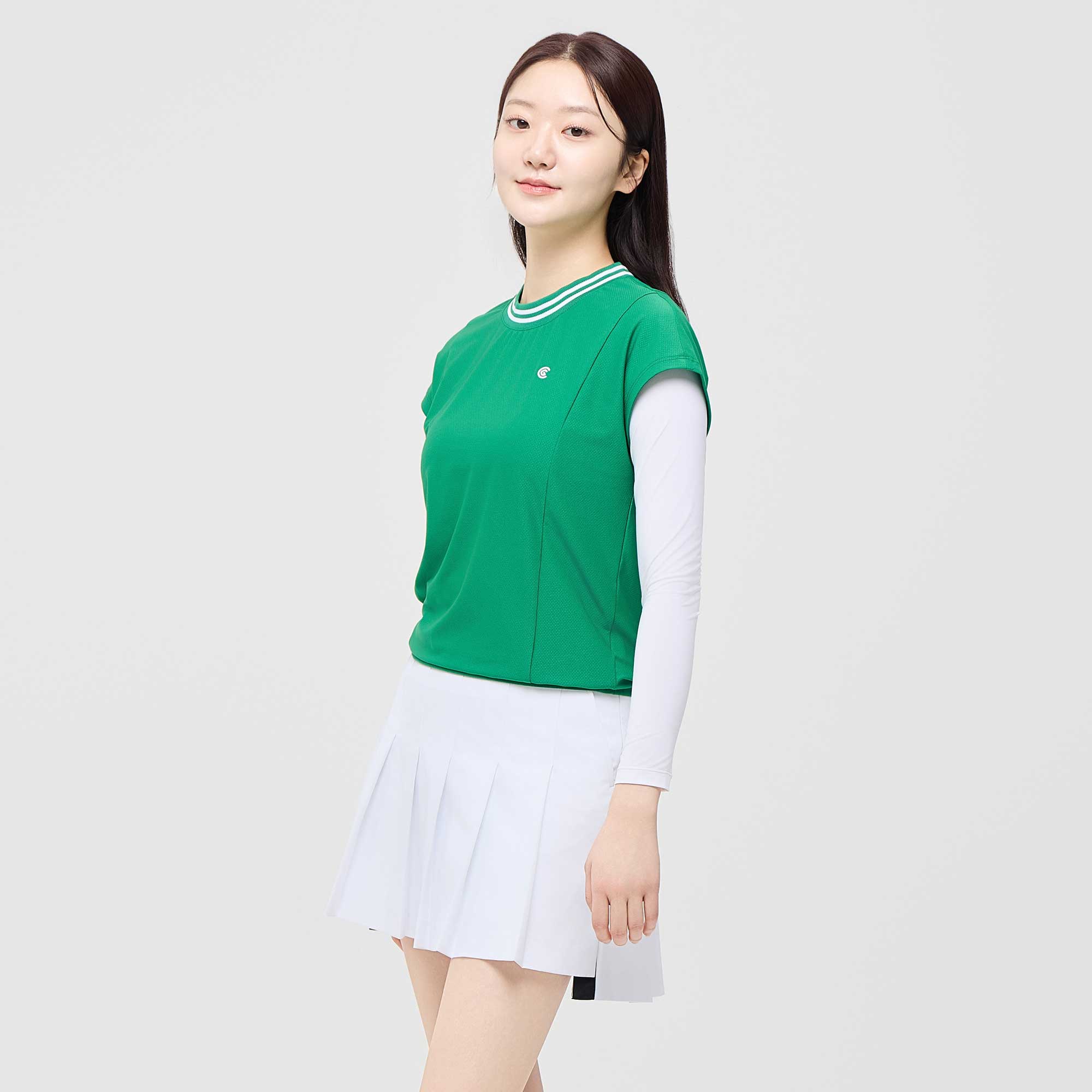 [10%+5% 추가할인] 온라인단독 폴리스판 배색라운드 여성 민소매 티셔츠 그린_CGWST42975GN