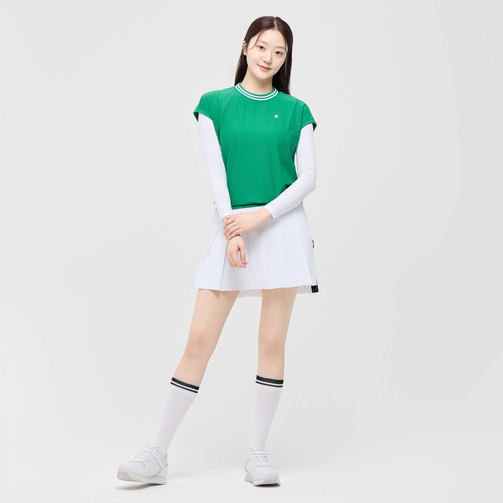 [10%+5% 추가할인] 온라인단독 폴리스판 배색라운드 여성 민소매 티셔츠 그린_CGWST42975GN