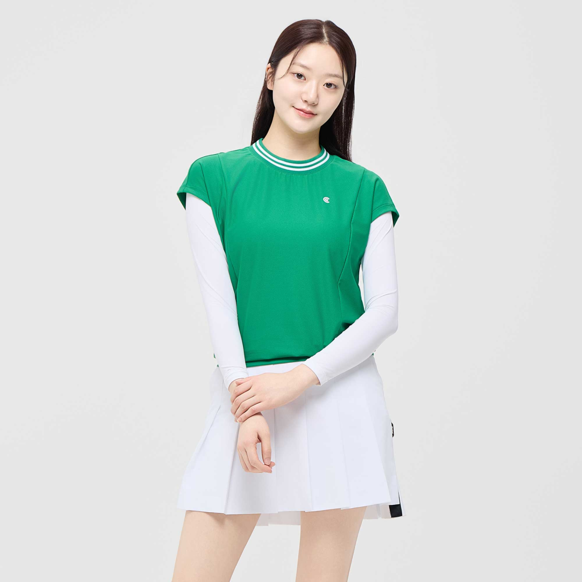 [10%+5% 추가할인] 온라인단독 폴리스판 배색라운드 여성 민소매 티셔츠 그린_CGWST42975GN