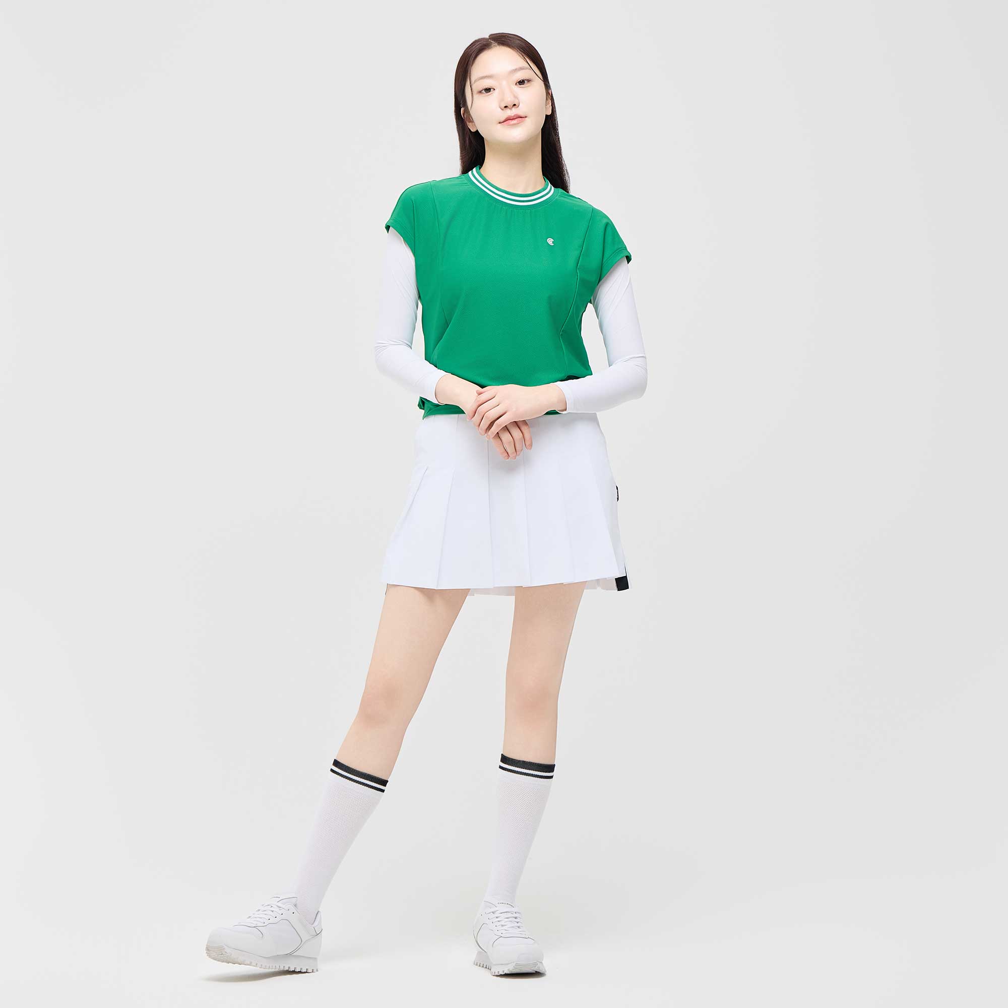 [10%+5% 추가할인] 온라인단독 폴리스판 배색라운드 여성 민소매 티셔츠 그린_CGWST42975GN