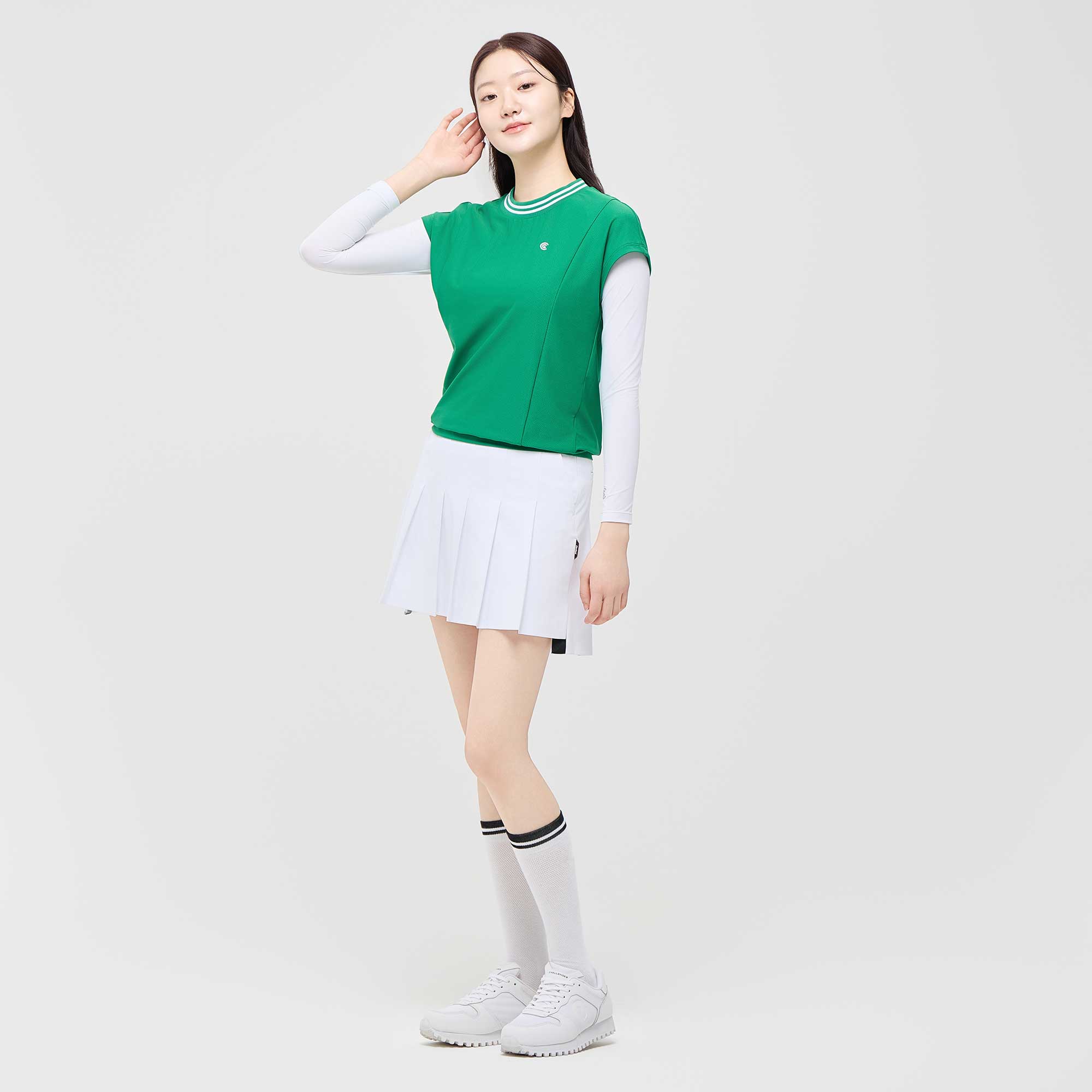 [10%+5% 추가할인] 온라인단독 폴리스판 배색라운드 여성 민소매 티셔츠 그린_CGWST42975GN