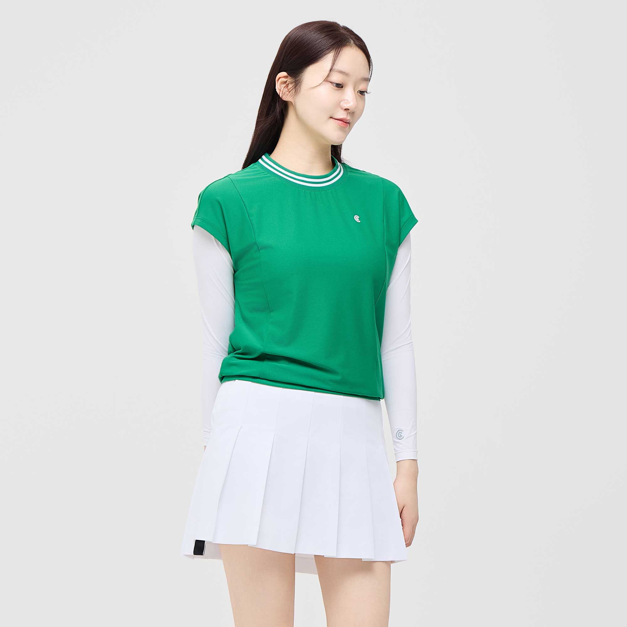 [10%+5% 추가할인] 온라인단독 폴리스판 배색라운드 여성 민소매 티셔츠 그린_CGWST42975GN