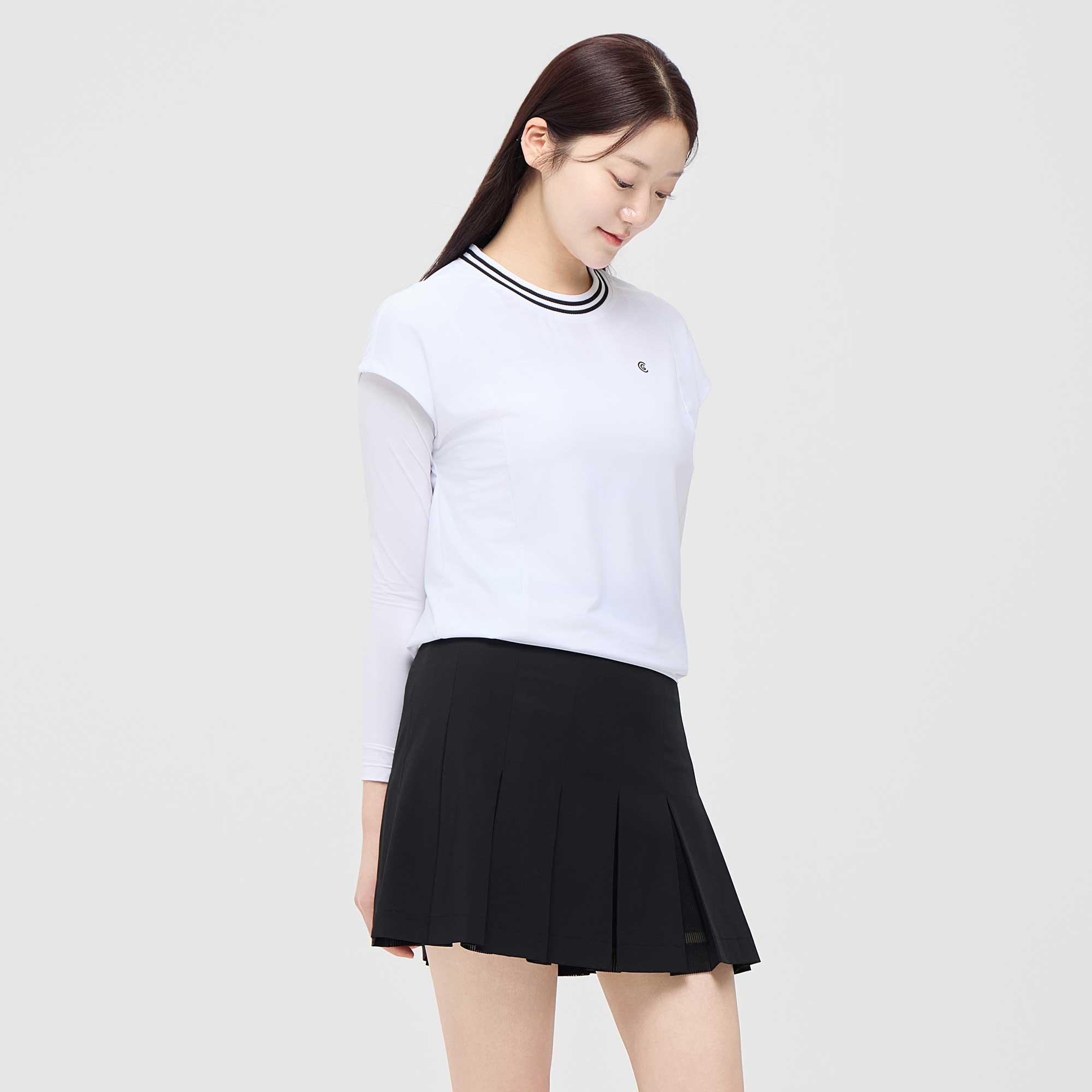 [10%+5% 추가할인] 온라인단독 폴리스판 배색라운드 여성 민소매 티셔츠 화이트_CGWST42975WH