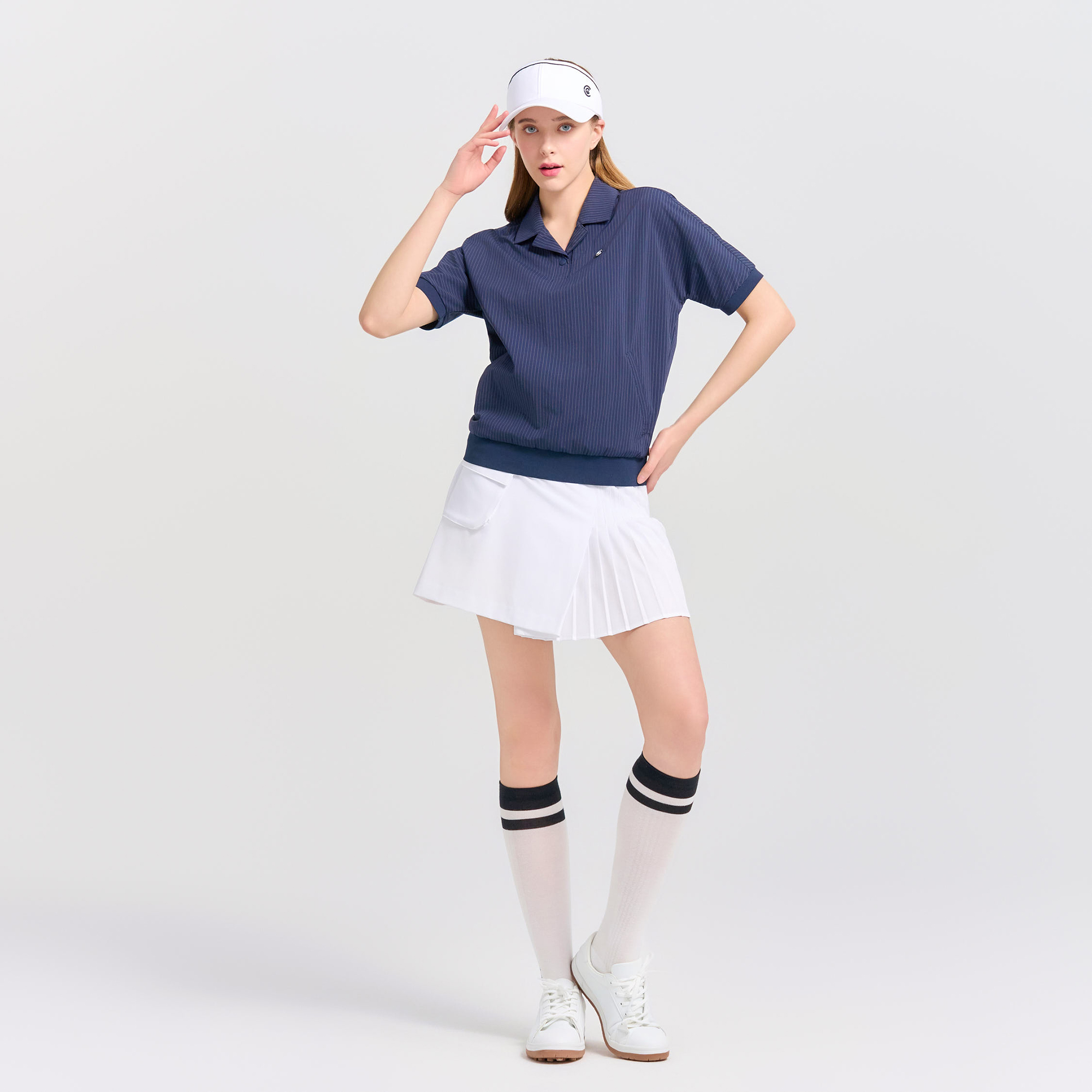 [10%+5% 추가할인] 온라인단독 냉감 스트라이프 변형카라 여성 반팔 우븐탑 네이비_CGWWT42970NY