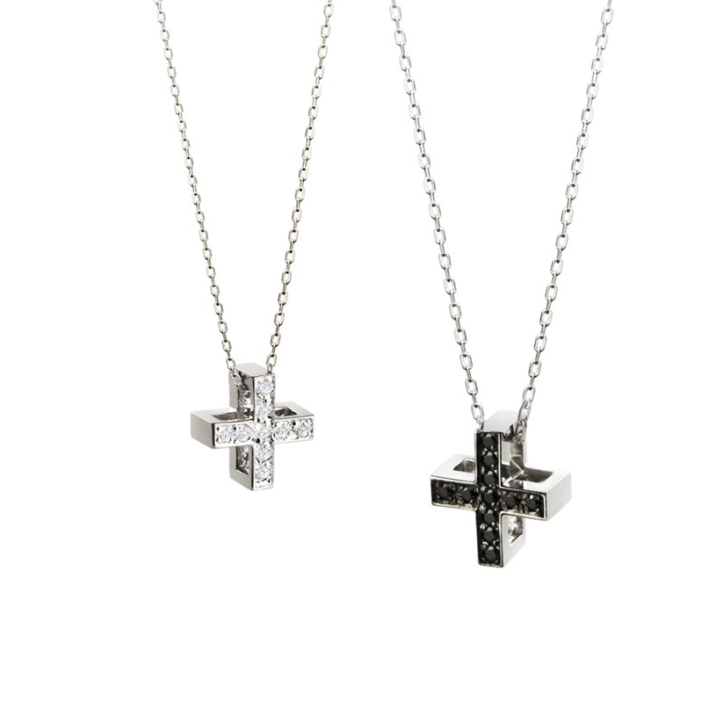 Greek Cross couple pendant Set (L&M) 14k gold black & white CZ