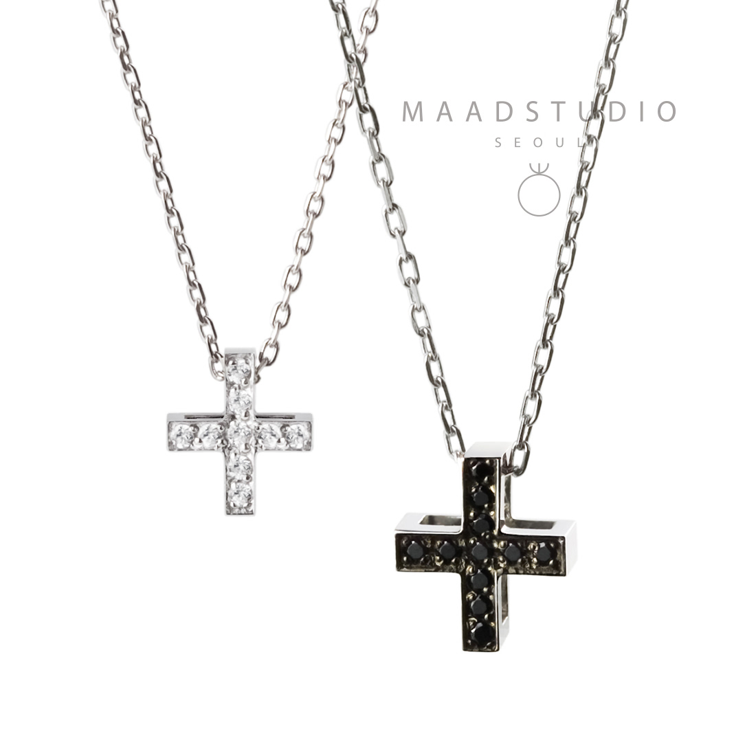 Greek Cross couple pendant Set (L&M) 14k gold black & white CZ