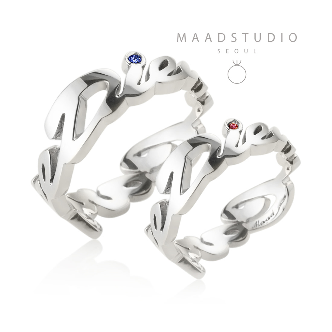 Carpediem II Logo couple ring Set blue sapphire, garnet Sterling silver