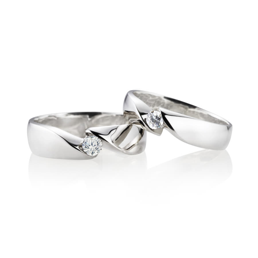 Cymbidium Solitaire wedding ring Set (M&S) 14k White gold CZ 0.17ct & 0.1ct
