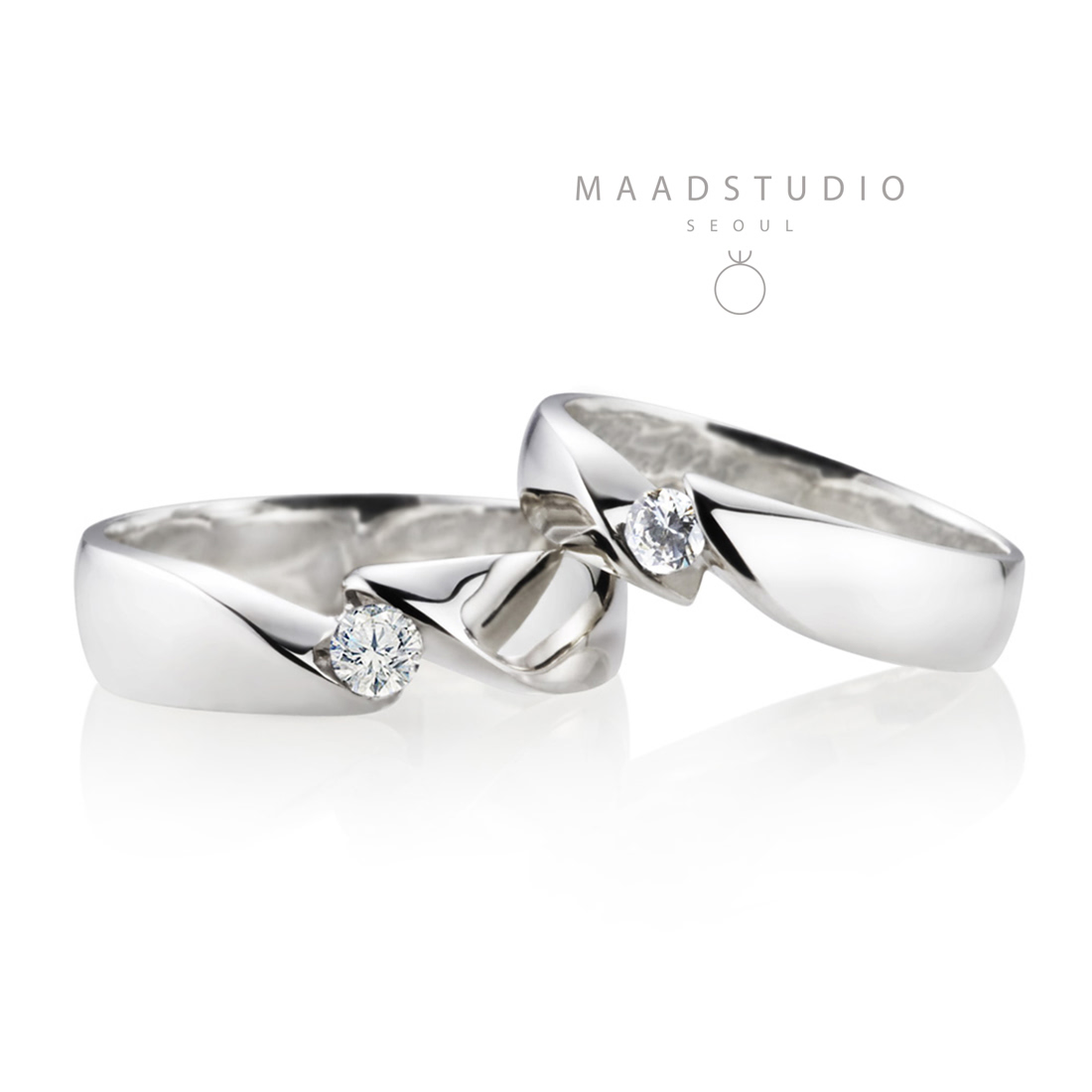 Cymbidium Solitaire wedding ring Set (M&S) 14k White gold CZ 0.17ct & 0.1ct