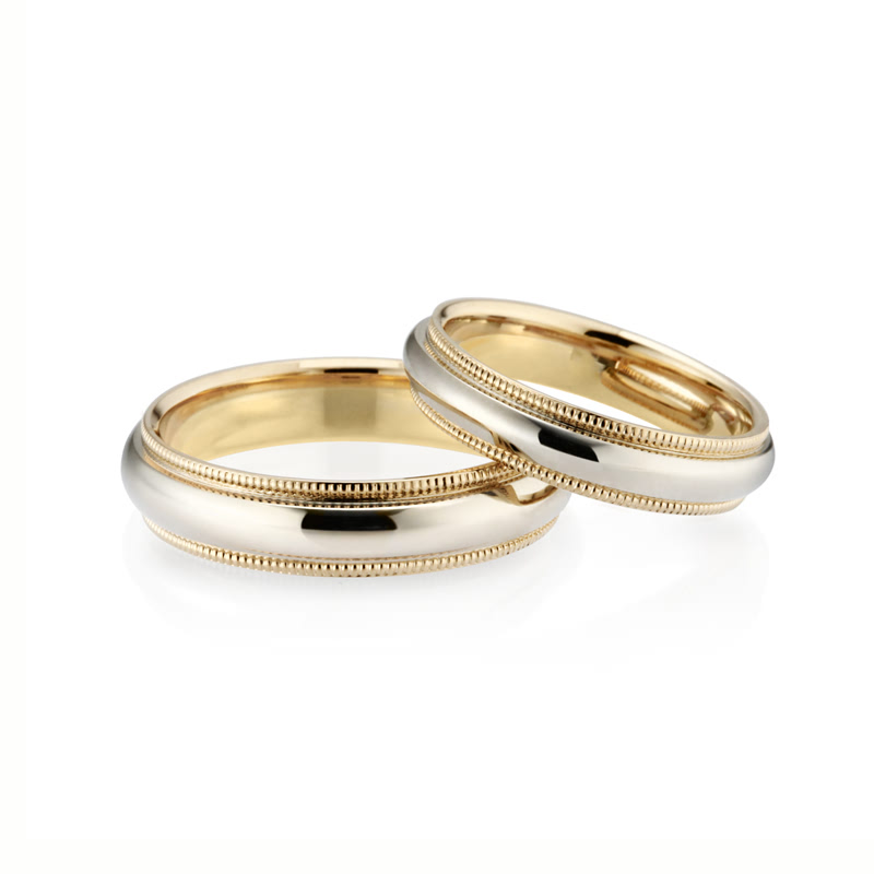 Milgrain band wedding ring Set (5mm+4mm) 14k gold combi