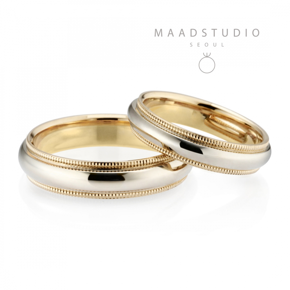 Milgrain band wedding ring Set (5mm+4mm) 14k gold combi