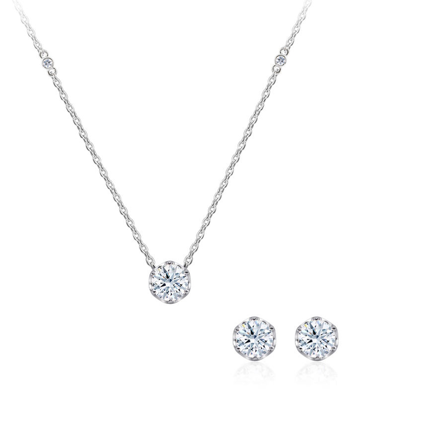 Frise pendant & earring Set 14k White gold CZ 0.3ct & 0.25ct