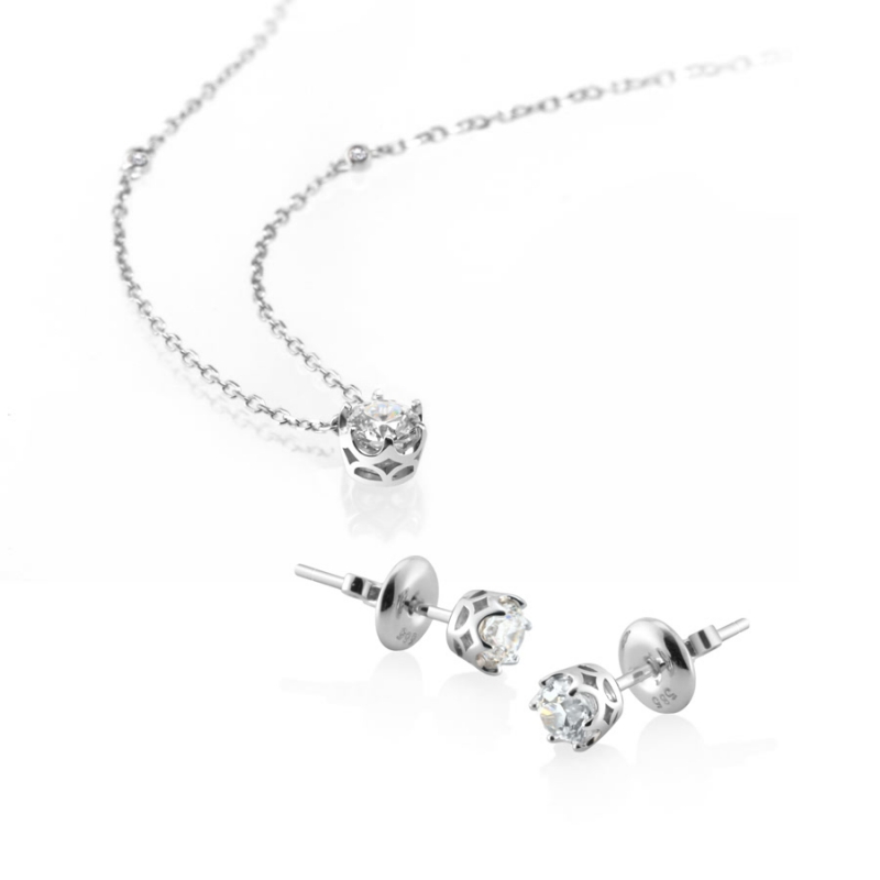 Frise pendant & earring Set 14k White gold CZ 0.3ct & 0.25ct